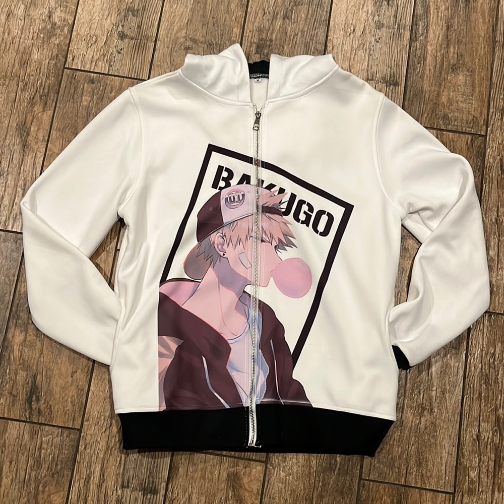 White MHA Bakugou Zip-Up Jacket, Medium